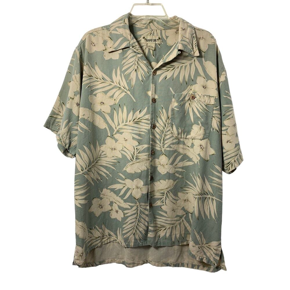 Paradise‎ Coves Hawaiian Shirt Mens Large Silk Green Beige Tropical Surfer Beach